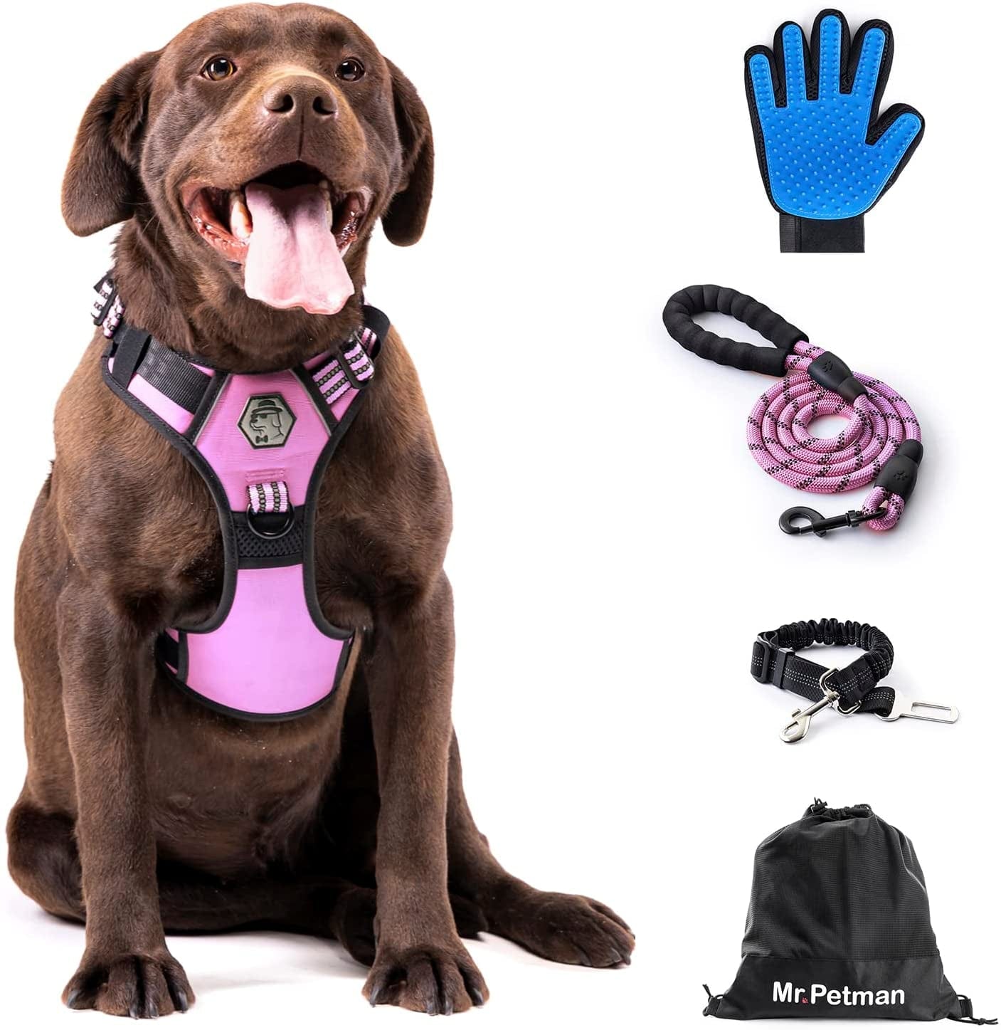 MR. PETMAN No Pull Dog Harness with Leash, Seat Belt, Grooming Glove - No Choke Dog Harness Set for Small Medium Large Dogs- Reflective Adjustable Dog Vest Harnesses with Handle for Walking Training Animals & Pet Supplies > Pet Supplies > Dog Supplies > Dog Apparel Mr. Petman Baby Pink X-Large 