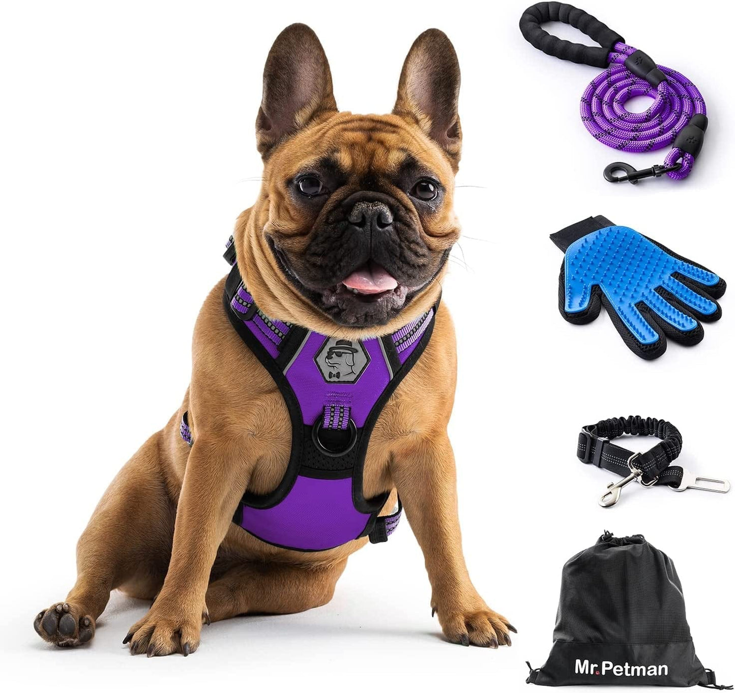 MR. PETMAN No Pull Dog Harness with Leash, Seat Belt, Grooming Glove - No Choke Dog Harness Set for Small Medium Large Dogs- Reflective Adjustable Dog Vest Harnesses with Handle for Walking Training