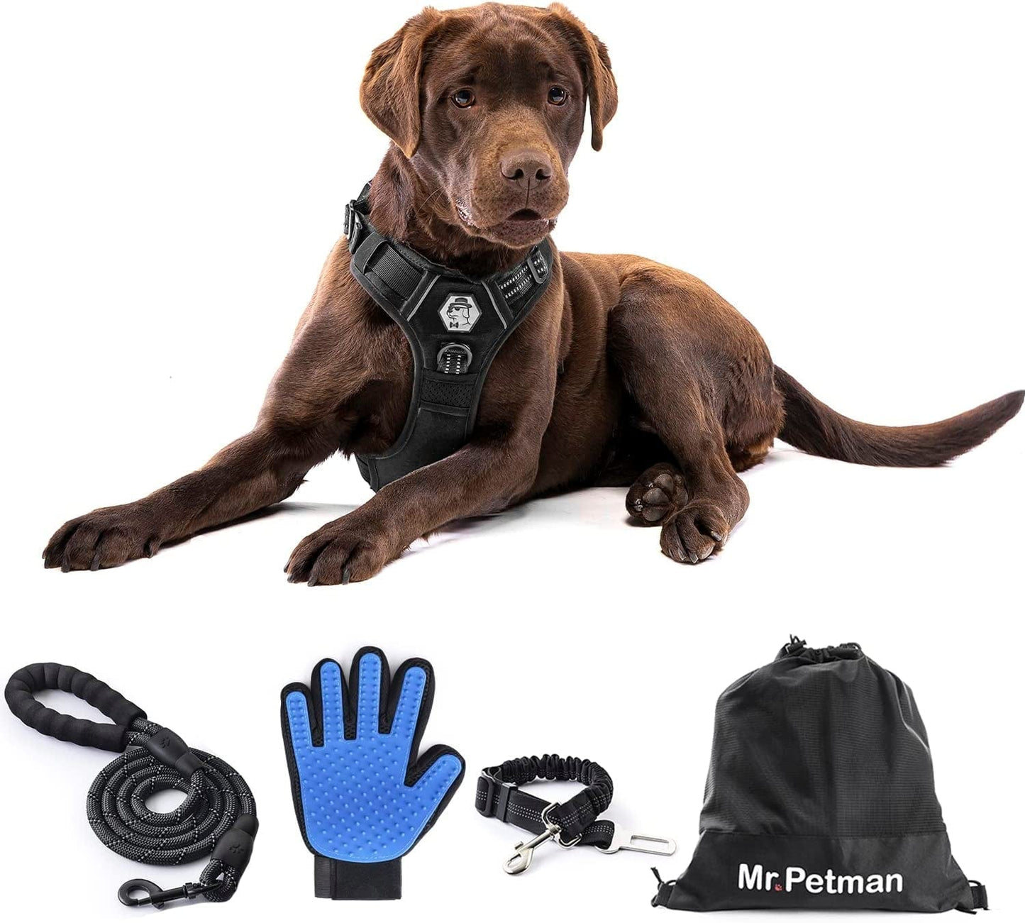 MR. PETMAN No Pull Dog Harness with Leash, Seat Belt, Grooming Glove - No Choke Dog Harness Set for Small Medium Large Dogs- Reflective Adjustable Dog Vest Harnesses with Handle for Walking Training Animals & Pet Supplies > Pet Supplies > Dog Supplies > Dog Apparel Mr. Petman Classic Black Large 