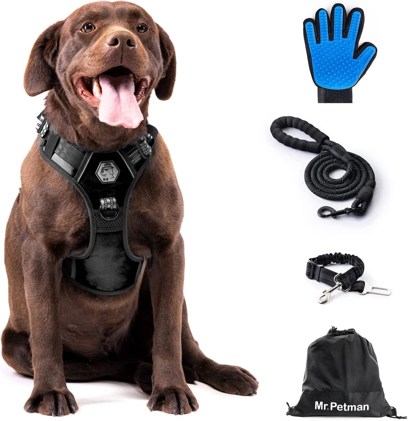 MR. PETMAN No Pull Dog Harness with Leash, Seat Belt, Grooming Glove - No Choke Dog Harness Set for Small Medium Large Dogs- Reflective Adjustable Dog Vest Harnesses with Handle for Walking Training Animals & Pet Supplies > Pet Supplies > Dog Supplies > Dog Apparel Mr. Petman Classic Black X-Large 