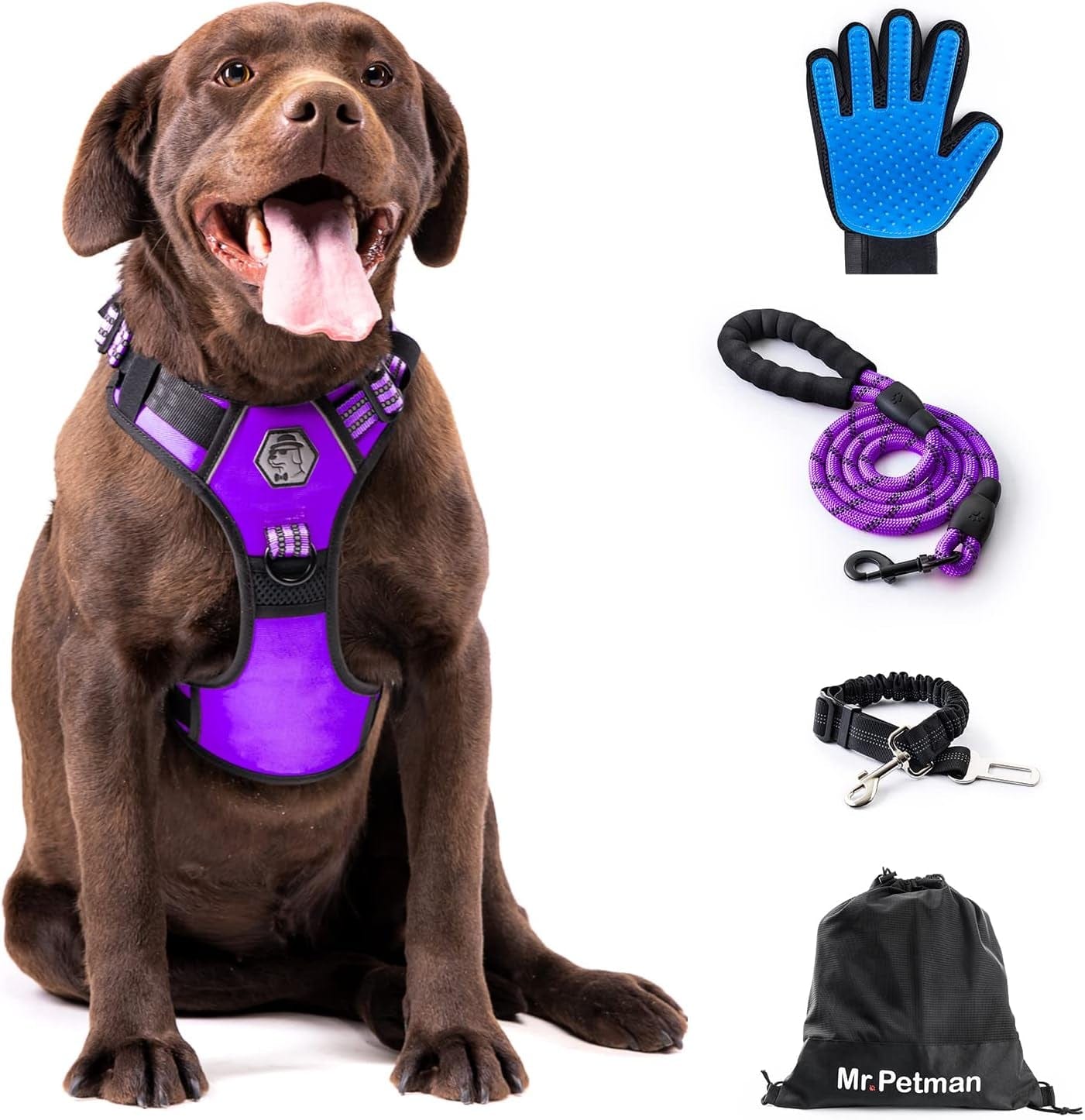 MR. PETMAN No Pull Dog Harness with Leash, Seat Belt, Grooming Glove - No Choke Dog Harness Set for Small Medium Large Dogs- Reflective Adjustable Dog Vest Harnesses with Handle for Walking Training Animals & Pet Supplies > Pet Supplies > Dog Supplies > Dog Apparel Mr. Petman Modern Purple X-Large 
