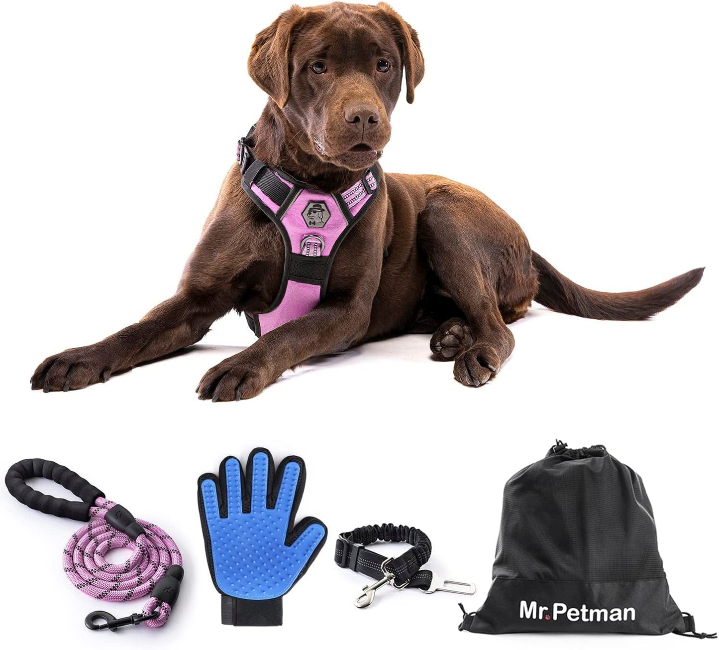 MR. PETMAN No Pull Dog Harness with Leash, Seat Belt, Grooming Glove - No Choke Dog Harness Set for Small Medium Large Dogs- Reflective Adjustable Dog Vest Harnesses with Handle for Walking Training