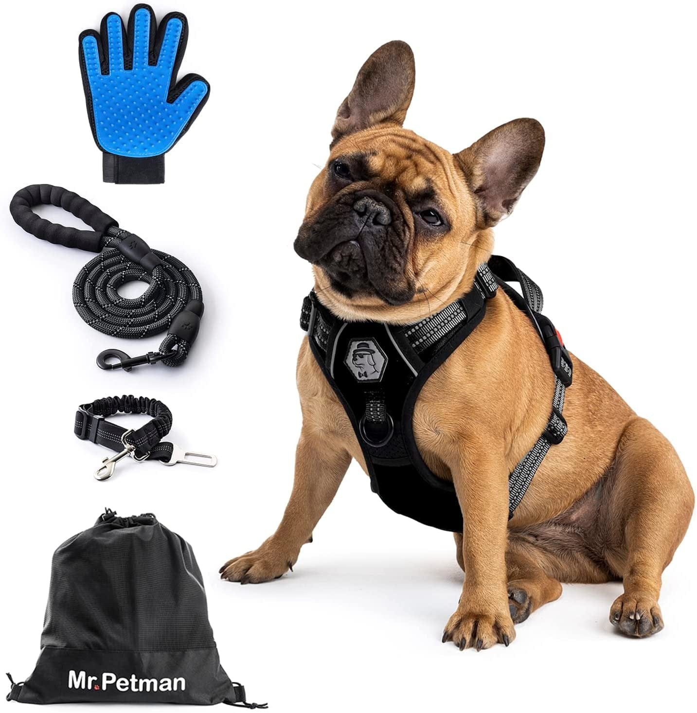 MR. PETMAN No Pull Dog Harness with Leash, Seat Belt, Grooming Glove - No Choke Dog Harness Set for Small Medium Large Dogs- Reflective Adjustable Dog Vest Harnesses with Handle for Walking Training Animals & Pet Supplies > Pet Supplies > Dog Supplies > Dog Apparel Mr. Petman Classic Black Medium 
