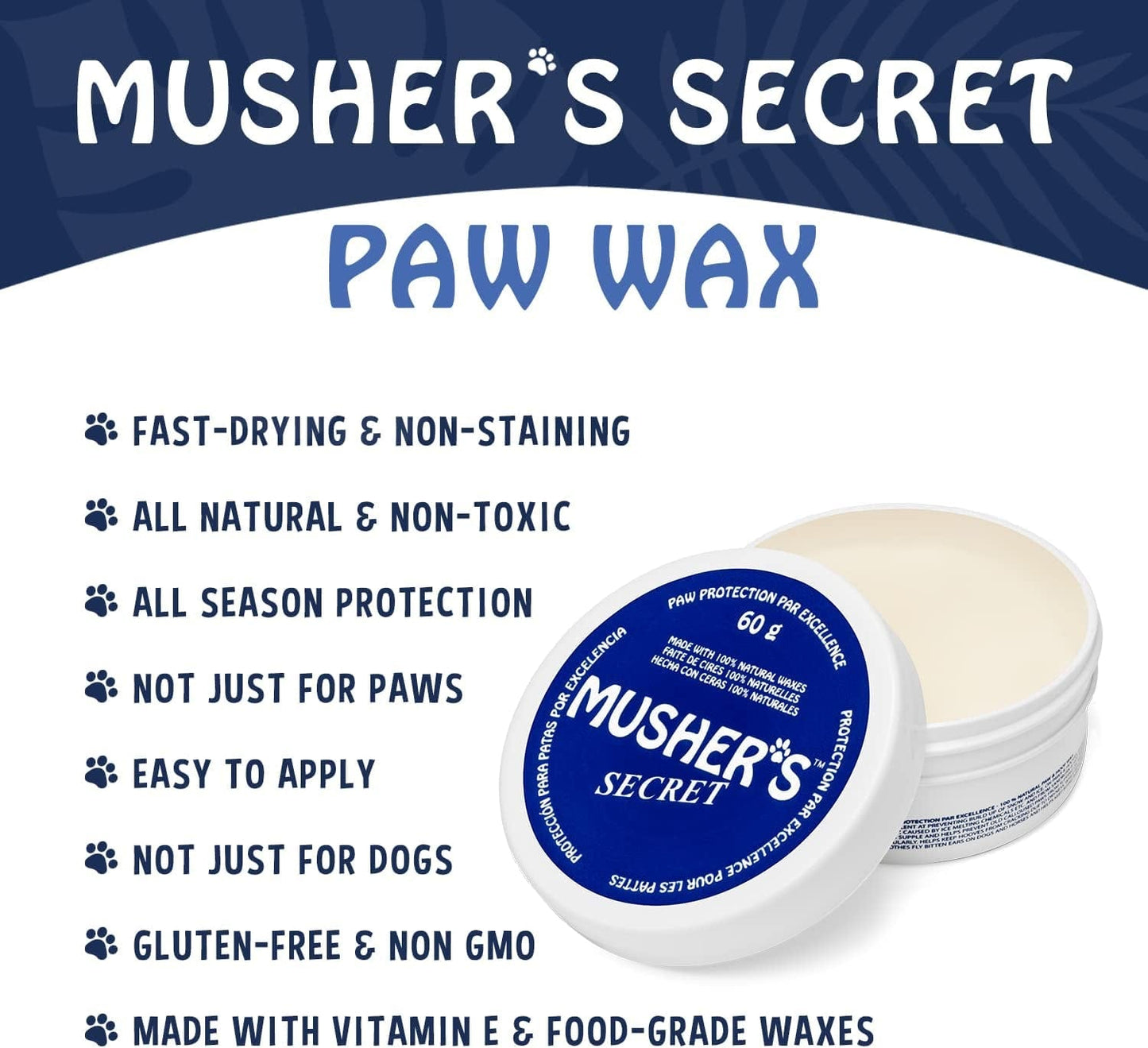 Musher'S Secret Dog Paw Wax 60 G (2.1 Oz) - Moisturizing Dog Paw Balm That Creates an Invisible Barrier That Protects and Heals Dry Cracked Paws - All-Natural with Vitamin E and Food-Grade Ingredients Animals & Pet Supplies > Pet Supplies > Dog Supplies > Dog Apparel Mushers Secret   