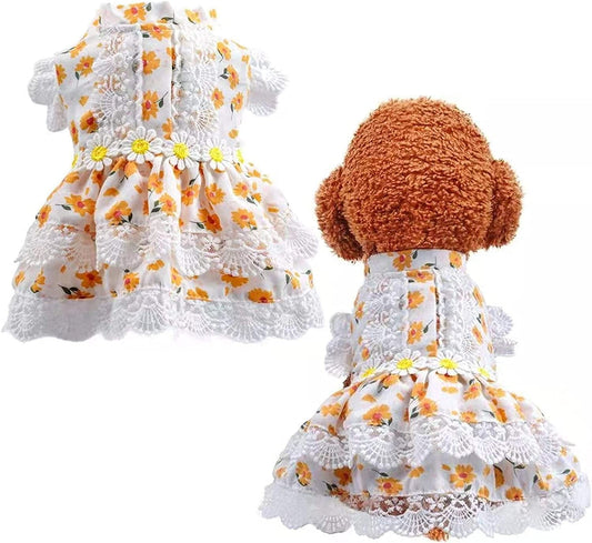 NINGFA Cute Dog Dress Girl Pet Clothes Summer Floral Lace Princess Dresses Holiday Wedding Party Puppy Cat Costume Pets Apparel for Small Dogs Cats (Medium, Yellow) Animals & Pet Supplies > Pet Supplies > Dog Supplies > Dog Apparel NINGFA Yellow Medium 