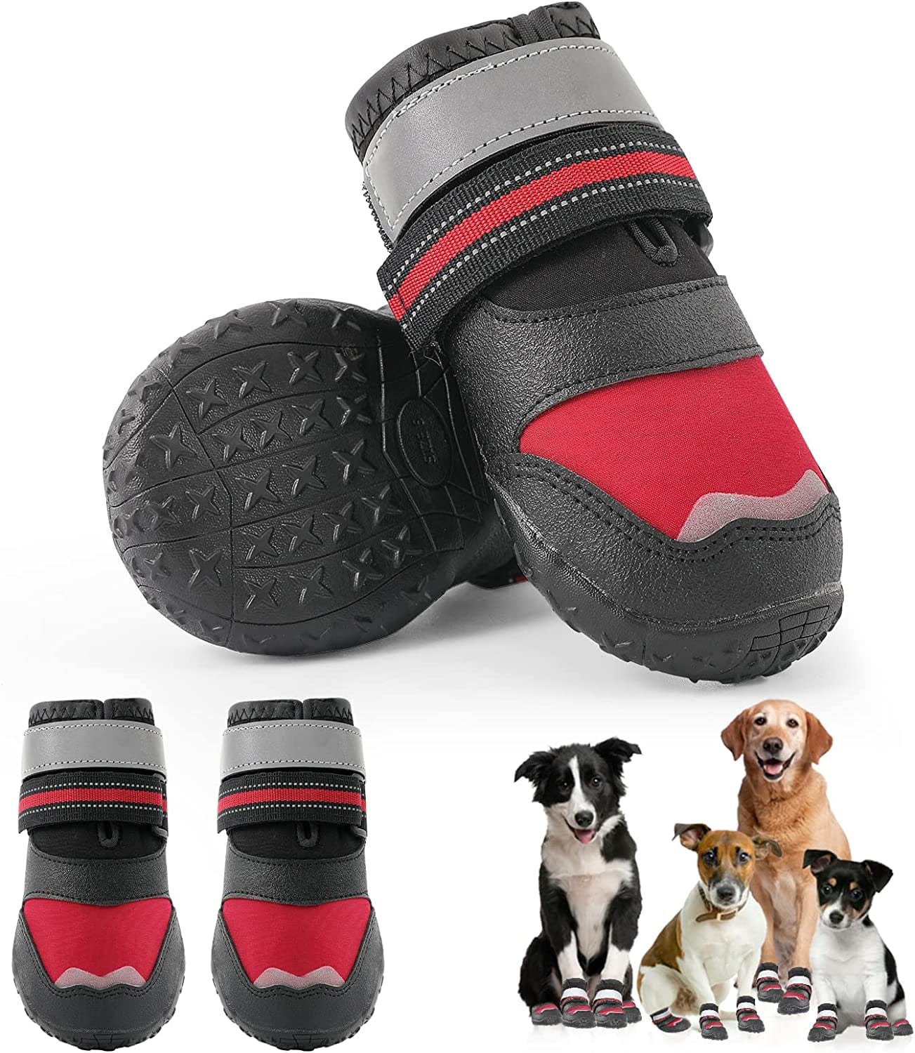 Non-Slip Dog Boots Fleece Lined Dog Snow Booties, Waterproof Dog Shoes for Hot Pavement with Reflective Straps, Dog Outdoor Hiking Boot for Small Medium Large Dogs 4Pcs (Red-Size 7) Animals & Pet Supplies > Pet Supplies > Dog Supplies > Dog Apparel Mengelina Red & Black Size 7: (3.15"x2.76")(L*W) for 63-75lbs 