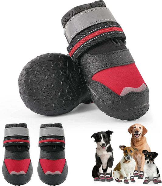 Non-Slip Dog Boots Fleece Lined Dog Snow Booties, Waterproof Dog Shoes for Hot Pavement with Reflective Straps, Dog Outdoor Hiking Boot for Small Medium Large Dogs 4Pcs (Red-Size 7) Animals & Pet Supplies > Pet Supplies > Dog Supplies > Dog Apparel Mengelina Red & Black Size 7: (3.15"x2.76")(L*W) for 63-75lbs 