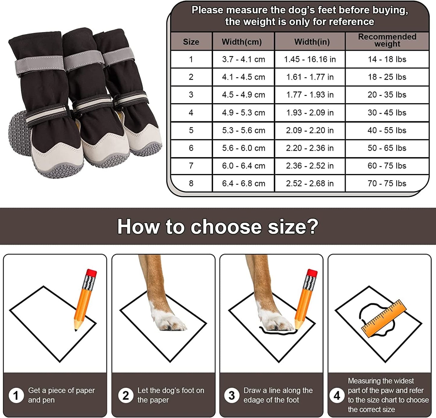 Non-Slip Dog Snow Boots - 4 Pack Breathable Paw Protection Dog Shoes for Small, Medium and Large Dogs - Winter Dog Snow Boots - Reflective Waterproof Dog Boots for Outdoor Hiking (Black White, Size8) Animals & Pet Supplies > Pet Supplies > Dog Supplies > Dog Apparel Tasperfed   