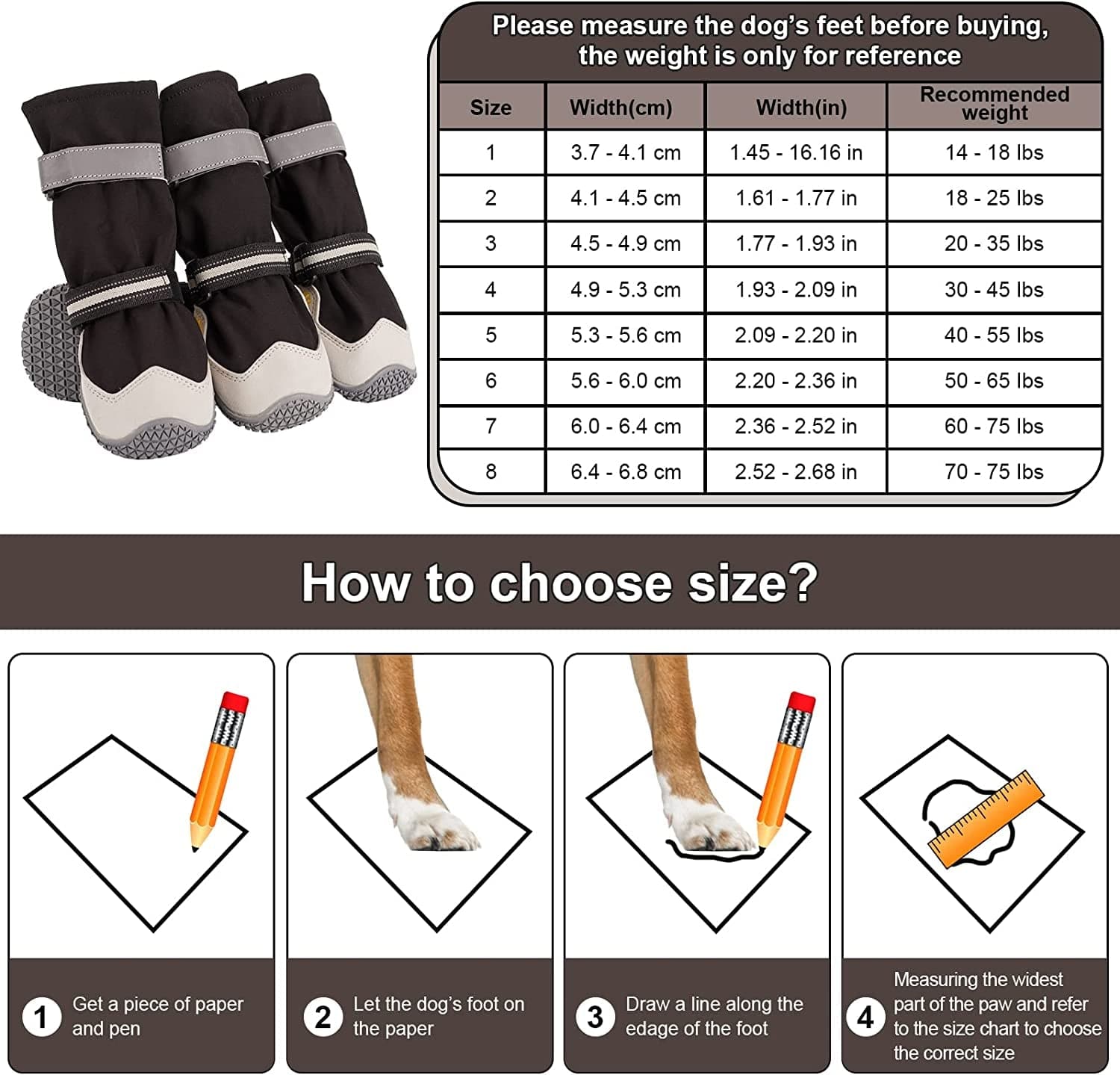 Non-Slip Dog Snow Boots - 4 Pack Breathable Paw Protection Dog Shoes for Small, Medium and Large Dogs - Winter Dog Snow Boots - Reflective Waterproof Dog Boots for Outdoor Hiking (Black White, Size8) Animals & Pet Supplies > Pet Supplies > Dog Supplies > Dog Apparel Tasperfed   