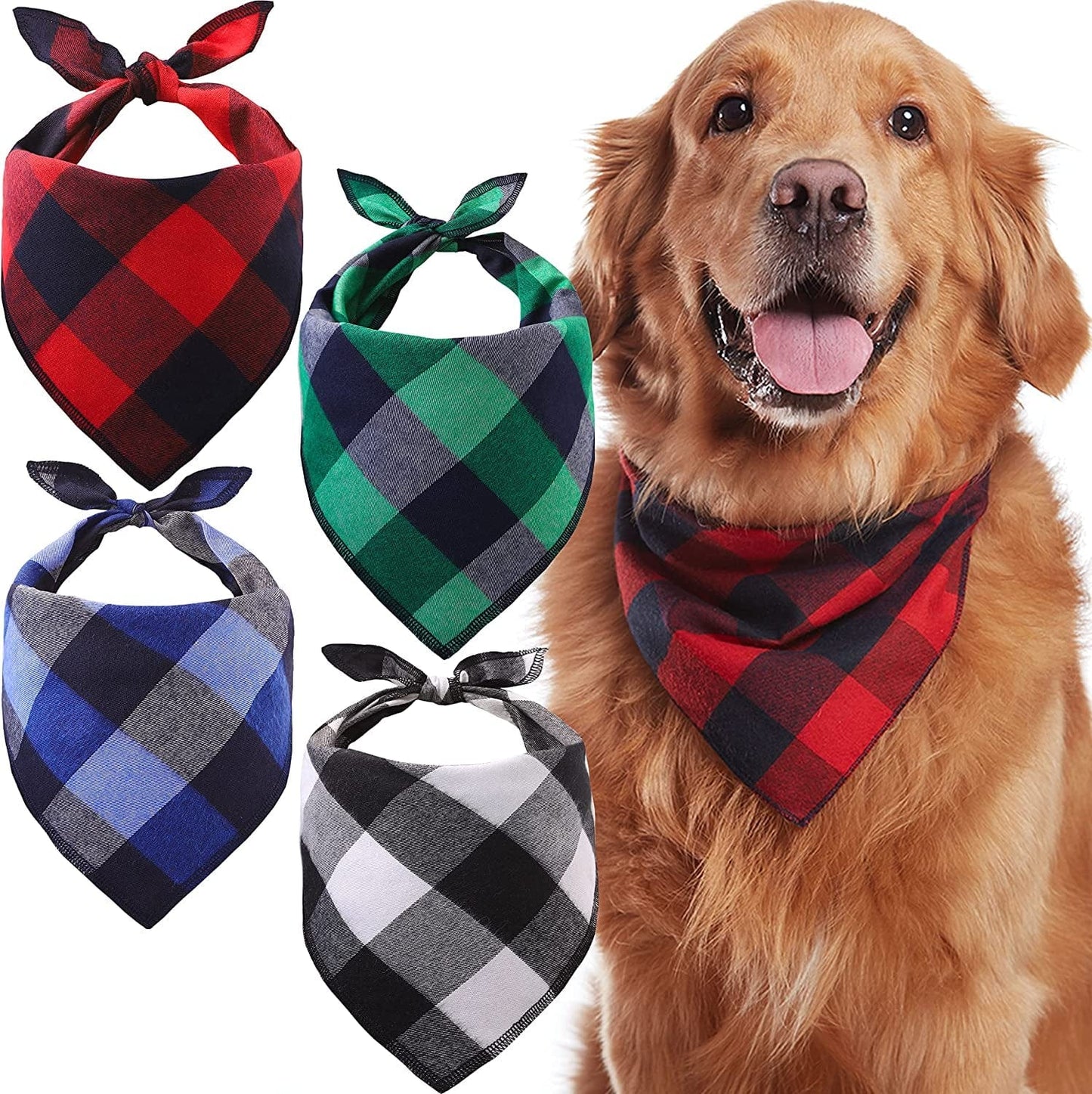 Odi Style Buffalo Plaid Dog Bandana 4 Pack - Cotton Bandanas Handkerchiefs Scarfs Triangle Bibs Accessories for Small Medium Large Dogs Puppies Pets, Black and White, Red, Green, Blue and Navy Blue Animals & Pet Supplies > Pet Supplies > Dog Supplies > Dog Apparel Odi Style L  