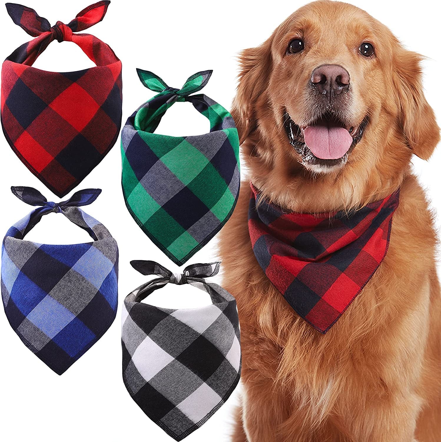Odi Style Buffalo Plaid Dog Bandana 4 Pack - Cotton Bandanas Handkerchiefs Scarfs Triangle Bibs Accessories for Small Medium Large Dogs Puppies Pets, Black and White, Red, Green, Blue and Navy Blue Animals & Pet Supplies > Pet Supplies > Dog Supplies > Dog Apparel Odi Style L  