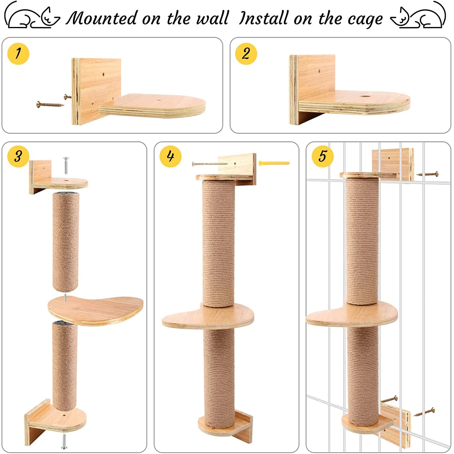 Odoland Cat Activity Tree with Scratching Posts - Wall Mounted Cat Scratching Post Cat Shelves with Solid Wood Steps - Cage Mounted Cat Jute Scratcher Hammock for Indoor Animals & Pet Supplies > Pet Supplies > Cat Supplies > Cat Furniture Odoland   