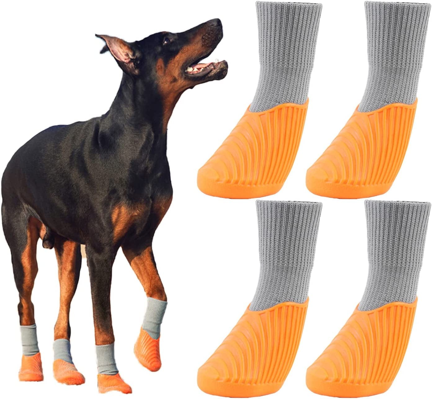 Orange Rubber Dog Boots 4 Packs for Hiking and Running, anti Slip Waterproof Dog Shoes and Socks with Velcro Strap Suitable for Indoor, Outdoor. Small/Medium/Large Dogs Paw Protector. L Animals & Pet Supplies > Pet Supplies > Dog Supplies > Dog Apparel YESKIND Orange XL 