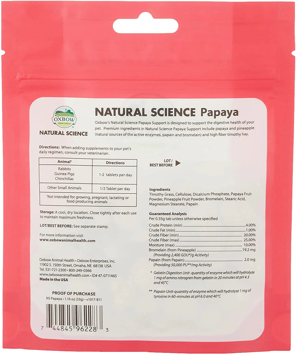 Oxbow Natural Science Papaya Support - High Fiber Supports Digestive Health in Small Animals, 1.16 Oz. Animals & Pet Supplies > Pet Supplies > Small Animal Supplies > Small Animal Treats Oxbow   