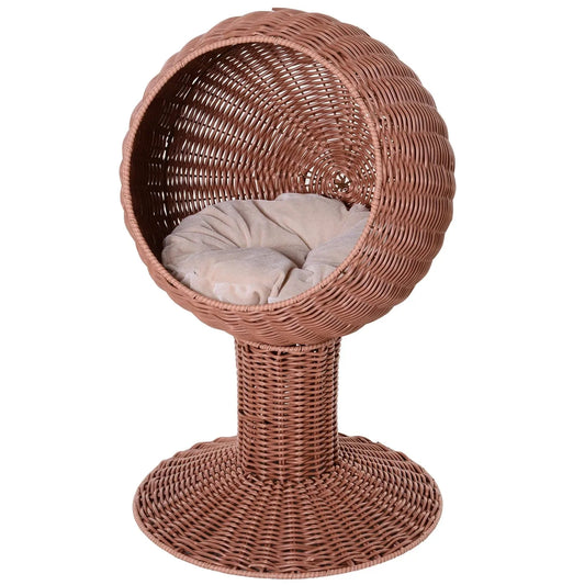 Pawhut 27" Rattan Wicker Elevated Pet Bed Cat Cave Condo Hooded Cushion Animals & Pet Supplies > Pet Supplies > Cat Supplies > Cat Beds Aosom LLC Brown  