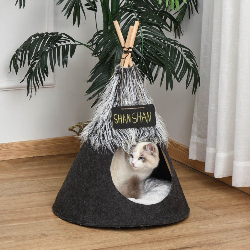 Pawhut Pet Teepee Tent Cat Bed Dog House with Thick Cushion Chalkboard for Kitten and Puppy up to 13Lbs 28Inch Grey Animals & Pet Supplies > Pet Supplies > Cat Supplies > Cat Beds Pawhut   