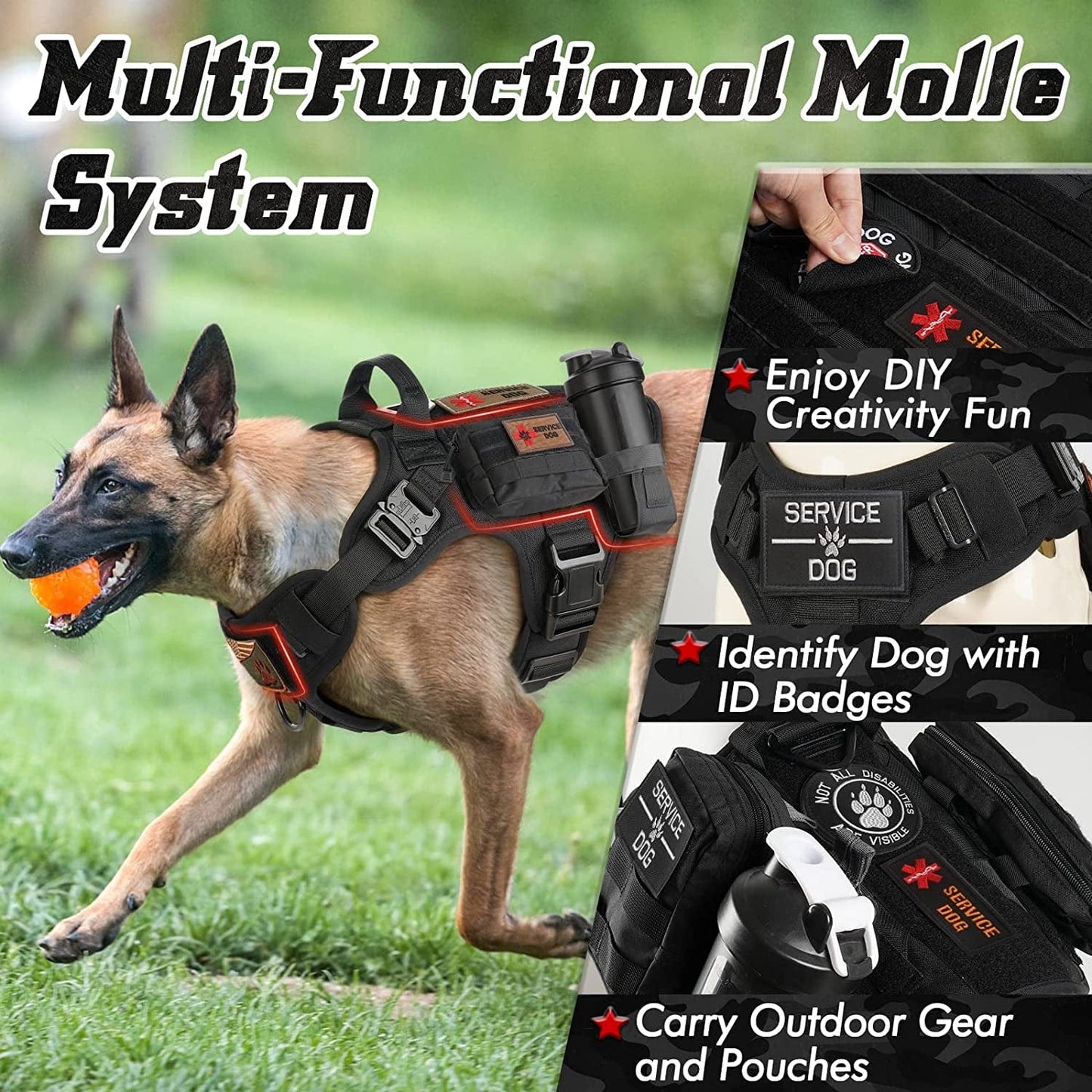 PAWTRENDER Tactical Dog Harness for Large Dogs No Pull, Adjustable Service Dog Vest Harness with Handle, Heavy Duty Big Dog Harness for Walking Running Training Working Hiking, Black, L Animals & Pet Supplies > Pet Supplies > Dog Supplies > Dog Apparel PAWTRENDER   