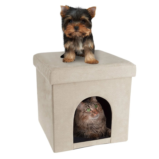 Pet House Ottoman - Collapsible Multipurpose Small Dog or Cat Bed Cube and Footrest with Cushion Top and Interior Pillow by PETMAKER (Microsuede Tan) Animals & Pet Supplies > Pet Supplies > Cat Supplies > Cat Beds Trademark Global LLC Tan  