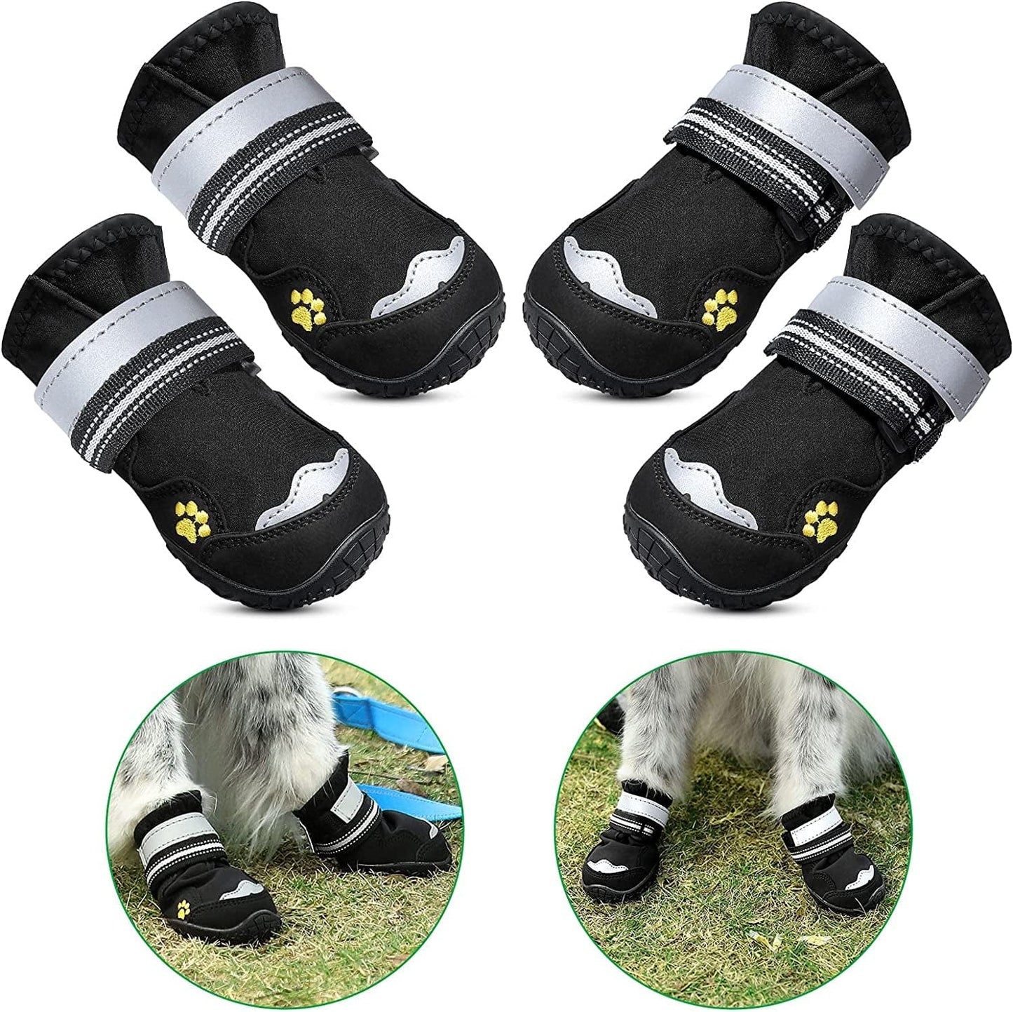 Petbank Dog Shoes, Dog Boots Paw Protectors for Dogs Rugged Anti-Slip Sole, Dog Shoes for Large Dogs with Reflective Strips, Dog Protector Boots Black 4Pcs(7#:3.26"X2.75"(L*W) Animals & Pet Supplies > Pet Supplies > Dog Supplies > Dog Apparel Petbank   