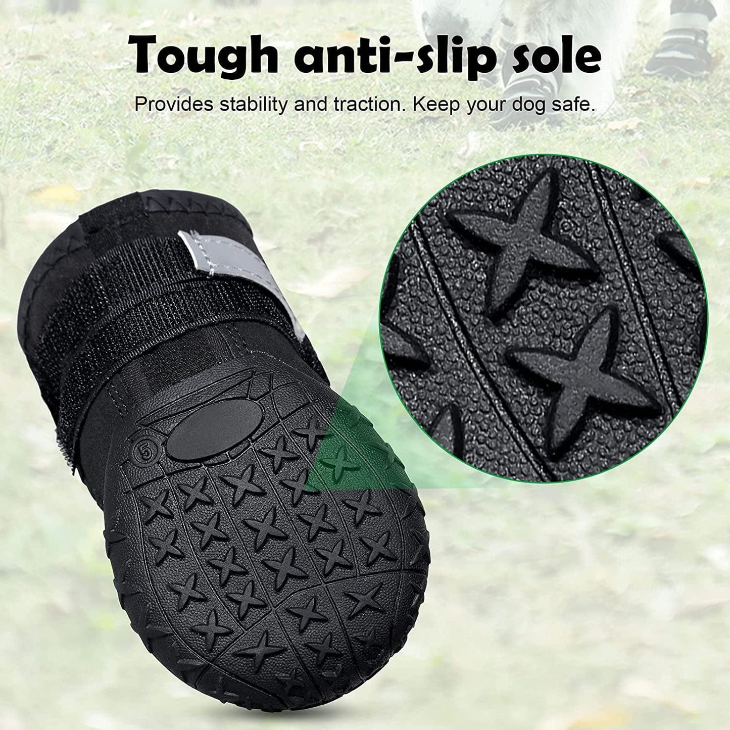 Petbank Dog Shoes, Dog Boots Paw Protectors for Dogs Rugged Anti-Slip Sole, Dog Shoes for Large Dogs with Reflective Strips, Dog Protector Boots Black 4Pcs(7#:3.26"X2.75"(L*W) Animals & Pet Supplies > Pet Supplies > Dog Supplies > Dog Apparel Petbank   