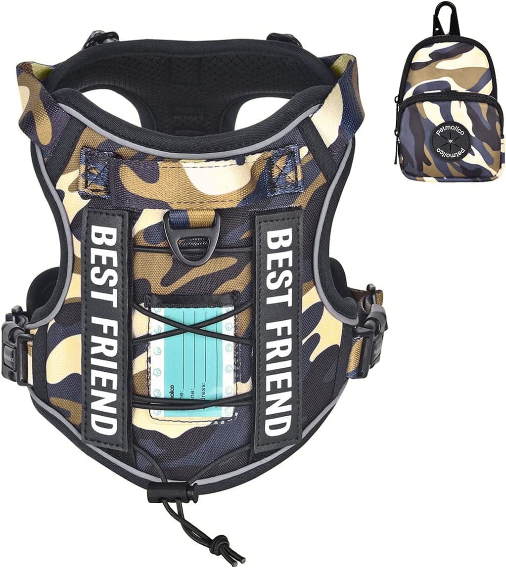 Petmolico No Pull Dog Harness, 2 Leash Clips Tactical Dog Harness Soft Padded Reflective Service Dog Vest with Dog Treat Pouch for Outdoor Walking Training, Camouflage Small Animals & Pet Supplies > Pet Supplies > Dog Supplies > Dog Apparel Petmolico   