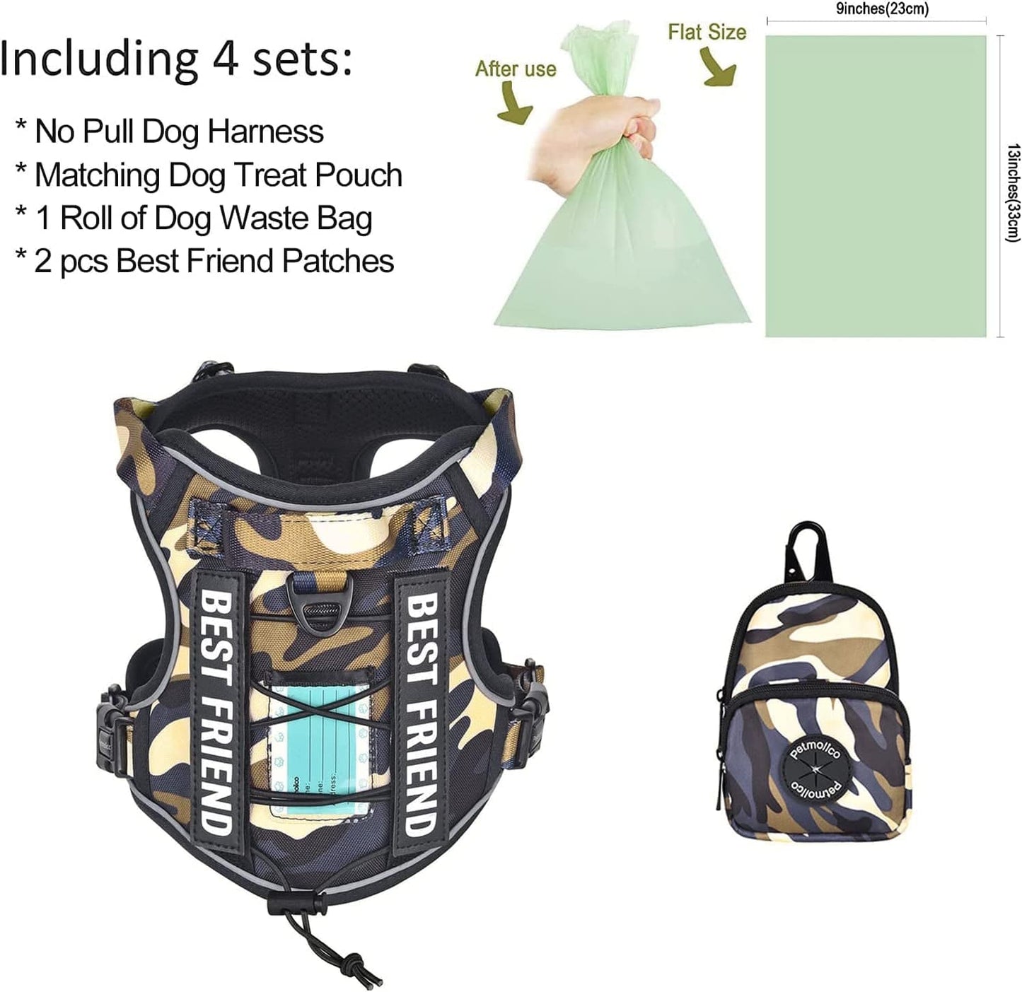 Petmolico No Pull Dog Harness, 2 Leash Clips Tactical Dog Harness Soft Padded Reflective Service Dog Vest with Dog Treat Pouch for Outdoor Walking Training, Camouflage Small Animals & Pet Supplies > Pet Supplies > Dog Supplies > Dog Apparel Petmolico   