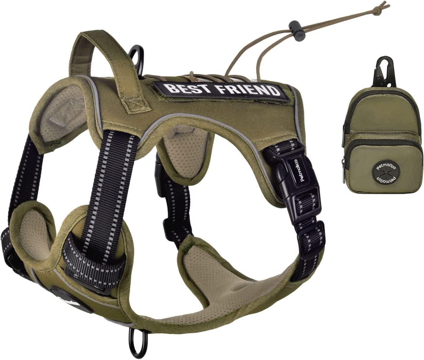 Petmolico No Pull Dog Harness, 2 Leash Clips Tactical Dog Harness Soft Padded Reflective Service Dog Vest with Dog Treat Pouch for Outdoor Walking Training, Camouflage Small Animals & Pet Supplies > Pet Supplies > Dog Supplies > Dog Apparel Petmolico Army Green Medium 