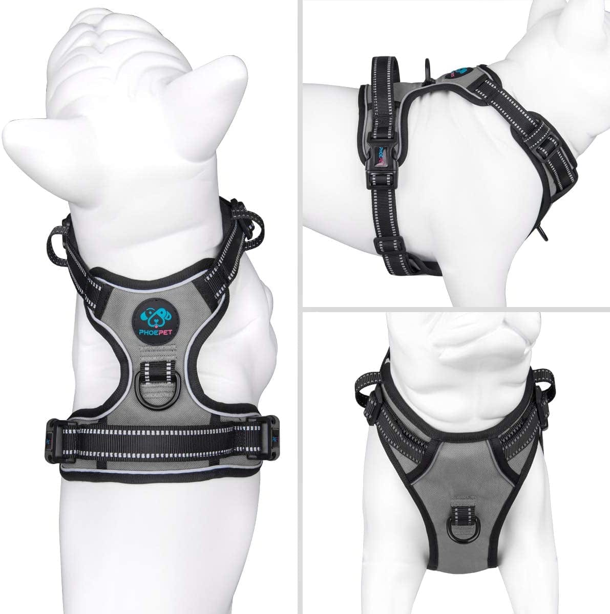 PHOEPET No Pull Dog Harness Medium Reflective Front Clip Vest with Handle,Adjustable 2 Metal Rings 2 Buckles(M, Grey) Animals & Pet Supplies > Pet Supplies > Dog Supplies > Dog Apparel PHOEPET   