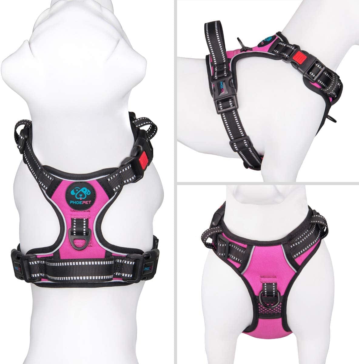 PHOEPET No Pull Dog Harness Medium Reflective Front Clip Vest with Handle,Adjustable 2 Metal Rings 3 Buckles,[Easy to Put on & Take Off](M, Pink) Animals & Pet Supplies > Pet Supplies > Dog Supplies > Dog Apparel PHOEPET   