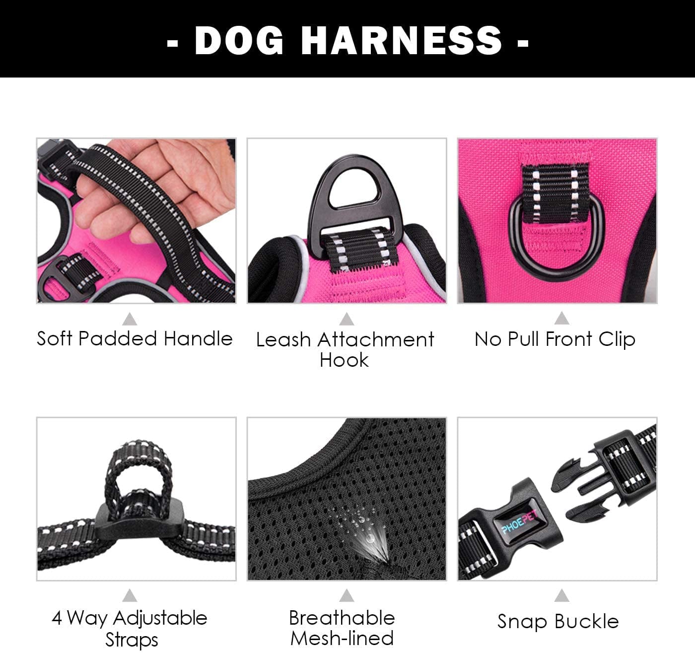 PHOEPET No Pull Dog Harness Medium Reflective Front Clip Vest with Handle,Adjustable 2 Metal Rings 3 Buckles,[Easy to Put on & Take Off](M, Pink) Animals & Pet Supplies > Pet Supplies > Dog Supplies > Dog Apparel PHOEPET   