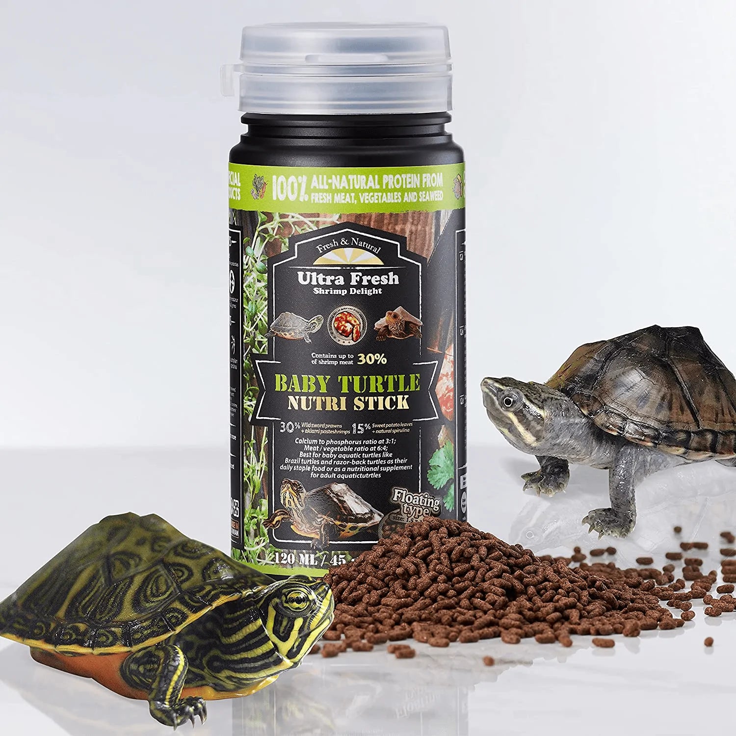 [Picky Juvenile Aquatic Turtle Food] Ultra Fresh - Baby Turtle Nutri Stick, Wild Sword Prawn, Sweet Potato Leaves, Calcium & Vitamin D-Enriched Aquatic Turtle Food with Probiotics for Picky Baby Turtles Animals & Pet Supplies > Pet Supplies > Reptile & Amphibian Supplies > Reptile & Amphibian Food Ultra Fresh 1.6 oz  