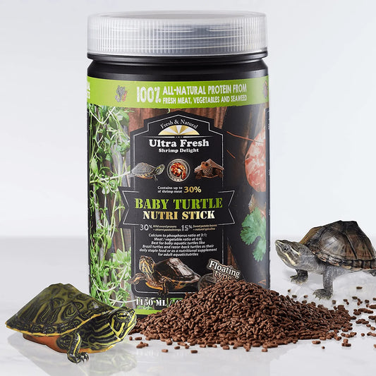 [Picky Juvenile Aquatic Turtle Food] Ultra Fresh - Baby Turtle Nutri Stick, Wild Sword Prawn, Sweet Potato Leaves, Calcium & Vitamin D-Enriched Aquatic Turtle Food with Probiotics for Picky Baby Turtles Animals & Pet Supplies > Pet Supplies > Reptile & Amphibian Supplies > Reptile & Amphibian Food Ultra Fresh 15 oz  