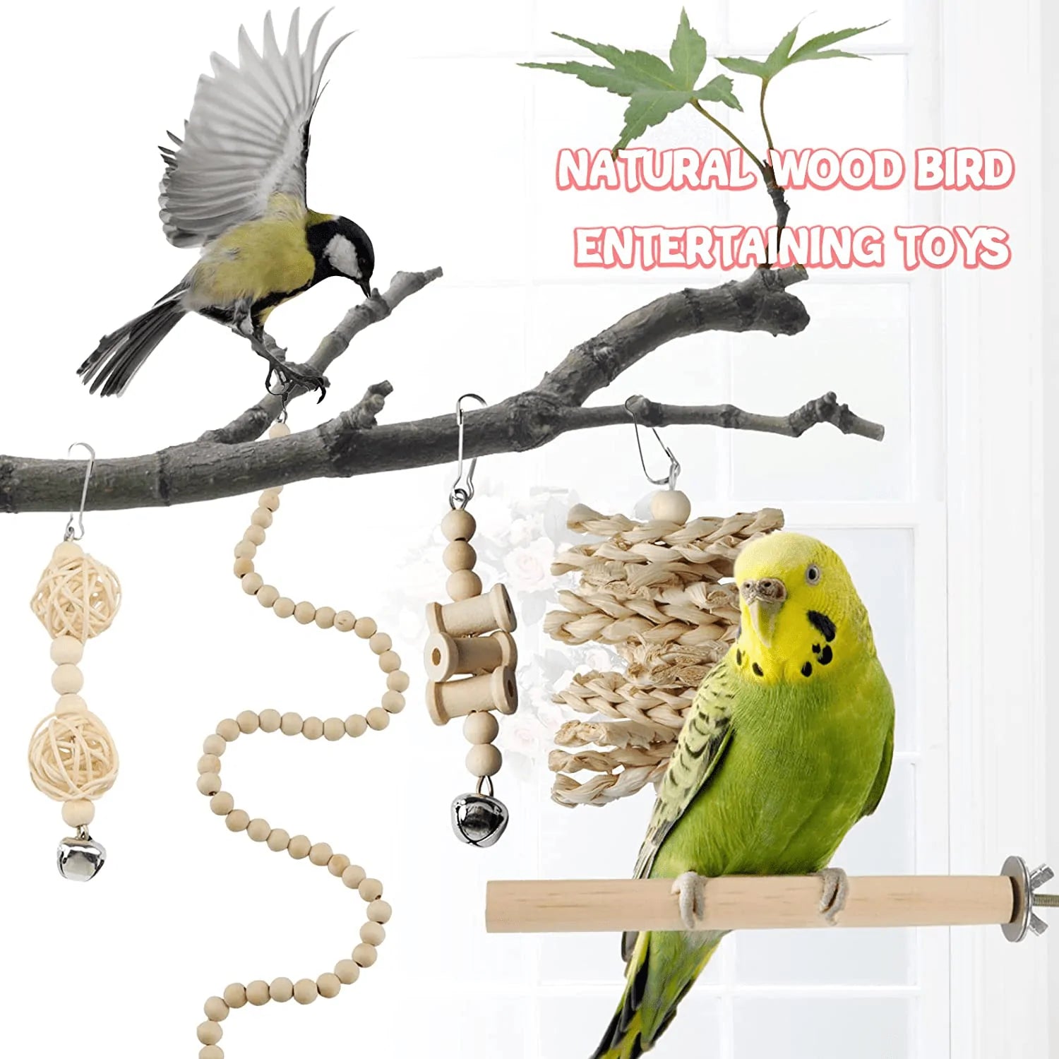 Pietypet Bird Parrot Toys for Cages, Colorful Chewing Hanging Swing Pet Bird Toy with Bells, Wooden Ladder Hammock, Rope Perch, Birdcage Stands for Parakeets Cockatiels, Conures, Macaw, Parrot