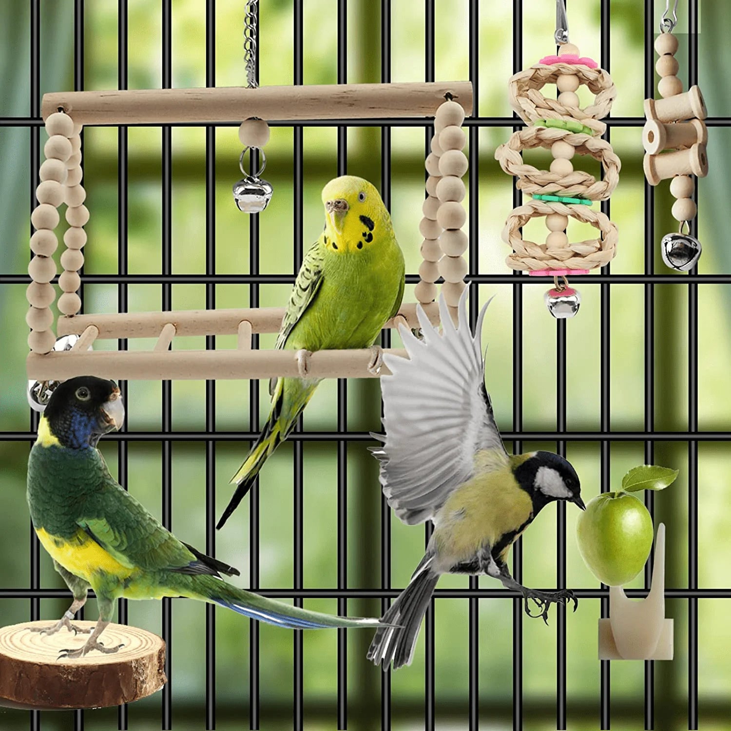 Pietypet Bird Parrot Toys for Cages, Colorful Chewing Hanging Swing Pet Bird Toy with Bells, Wooden Ladder Hammock, Rope Perch, Birdcage Stands for Parakeets Cockatiels, Conures, Macaw, Parrot