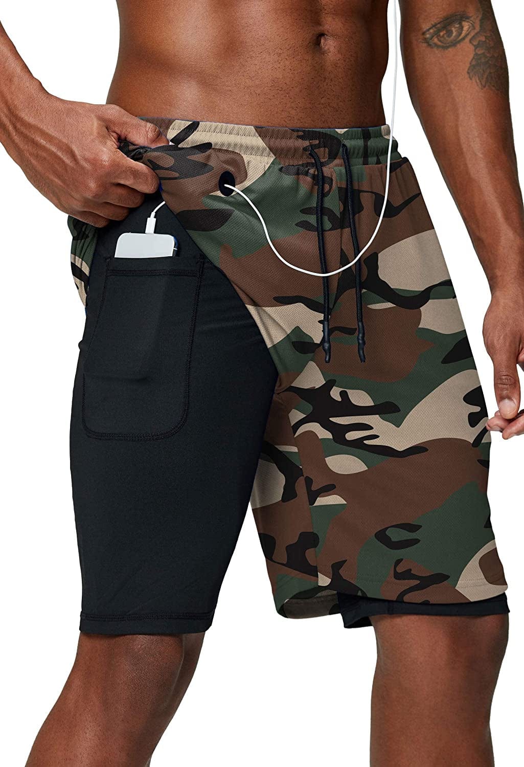 Pinkbomb Men'S 2 in 1 Running Shorts Gym Workout Quick Dry Mens Shorts with Phone Pocket Animals & Pet Supplies > Pet Supplies > Dog Supplies > Dog Apparel Pinkbomb Green Camo 3X-Large 