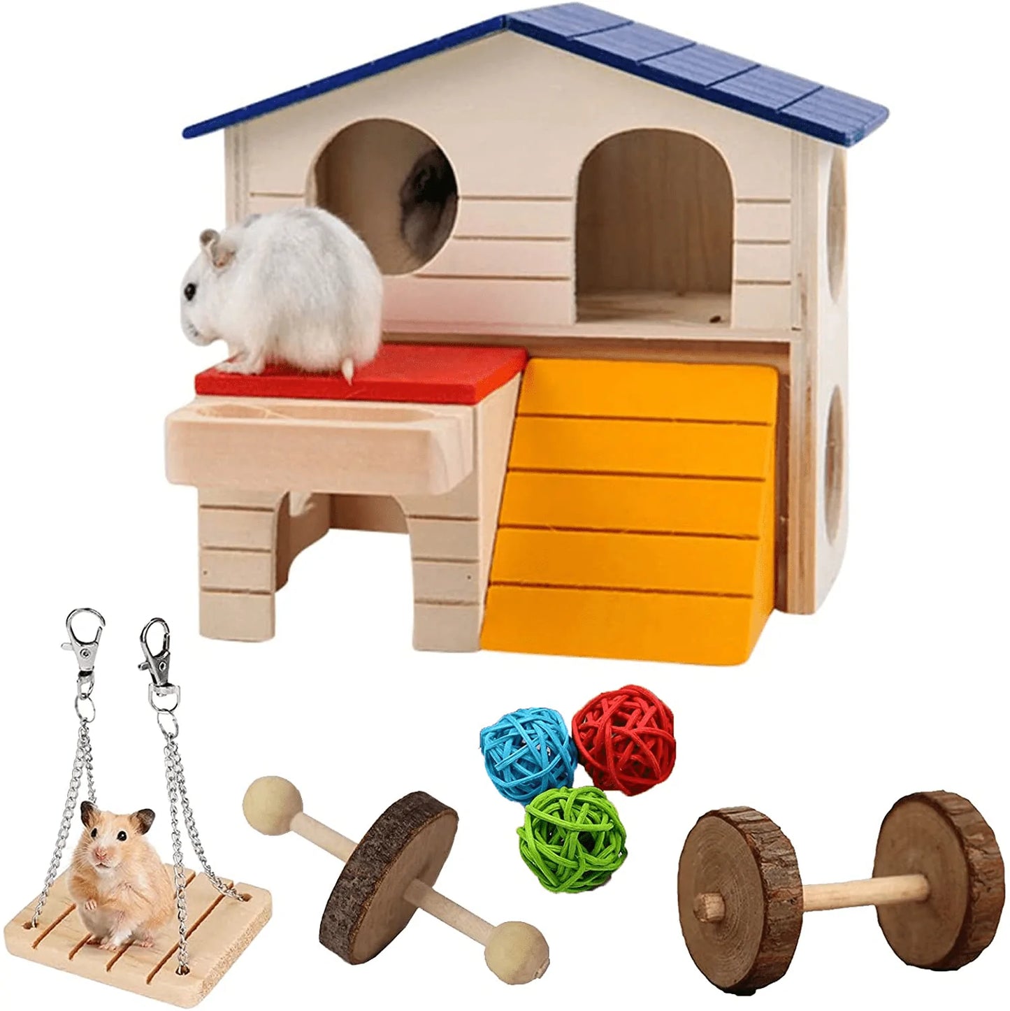 PINVNBY Pet Small Animal Hideout Two Layers Natural Wooden Hamster Hut Swing Dumbbell with Colorful Ladder, Pet Sport Bell Exercise Chews Toys, Cage Accessories for Hamster Dwarf Rat Gerbil and Mouse