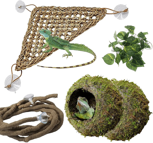 PINVNBY Reptile Hammock Lizard Lounger Reptile Mossy Cave Hide Bearded Dragon Hammock Climber Vines Flexible Leaves Amphibians Terrarium Decoration Accessories for Lizard Chameleon Turtle Frog Snake Animals & Pet Supplies > Pet Supplies > Reptile & Amphibian Supplies > Reptile & Amphibian Habitat Accessories PINVNBY   