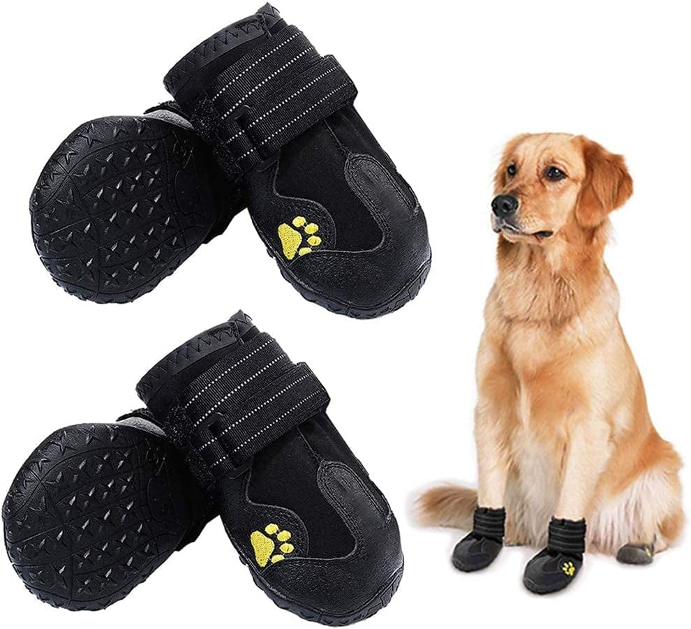 Pk.Ztopia Waterproof Dog Boots, Dog Outdoor Shoes, Dog Rain Shoes, Running Shoes for Medium to Large Dogs with Two Reflective Fastening Straps and Rugged Anti-Slip Sole (3.35" X2.95",Black 4PCS) Animals & Pet Supplies > Pet Supplies > Dog Supplies > Dog Apparel PK.ZTopia Black Size 4: (2.6"x2.1")(L*W) for 31-40 lbs 