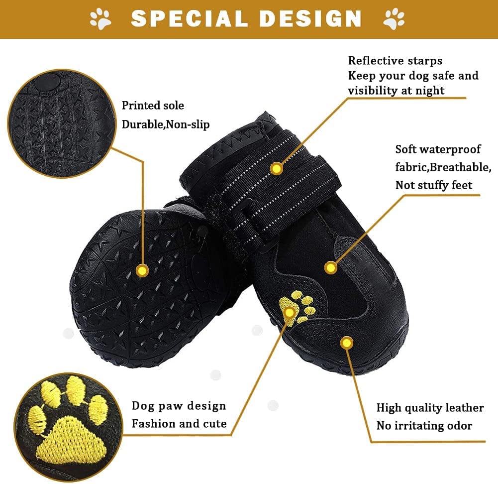 Pk.Ztopia Waterproof Dog Boots, Dog Outdoor Shoes, Dog Rain Shoes, Running Shoes for Medium to Large Dogs with Two Reflective Fastening Straps and Rugged Anti-Slip Sole (3.35" X2.95",Black 4PCS) Animals & Pet Supplies > Pet Supplies > Dog Supplies > Dog Apparel PK.ZTopia   