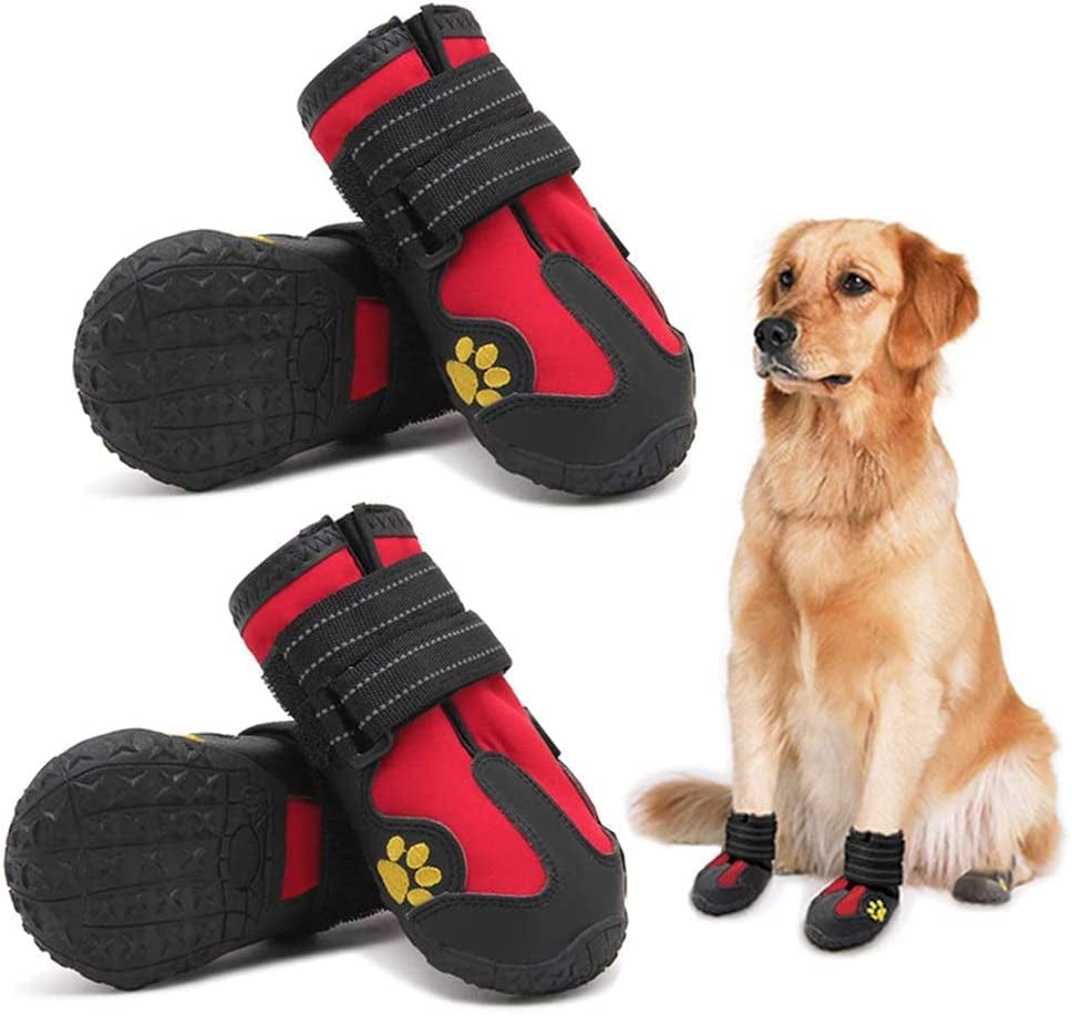 Pk.Ztopia Waterproof Dog Boots, Dog Outdoor Shoes, Dog Rain Shoes, Running Shoes for Medium to Large Dogs with Two Reflective Fastening Straps and Rugged Anti-Slip Sole (3.35" X2.95",Black 4PCS) Animals & Pet Supplies > Pet Supplies > Dog Supplies > Dog Apparel PK.ZTopia Red Size 4: (2.6"x2.1")(L*W) for 31-40 lbs 