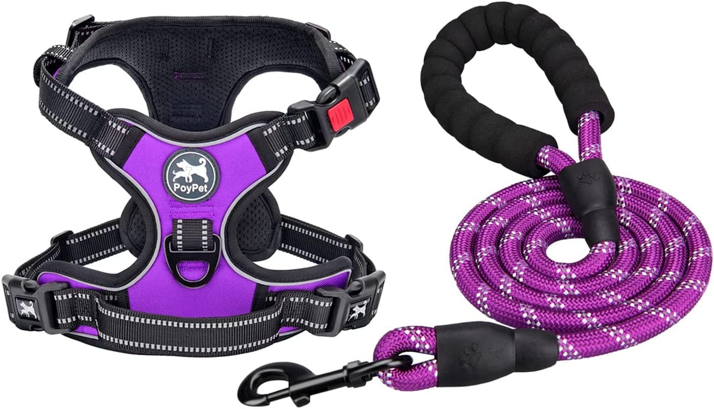 Poypet Dog Harness and Leash Combo, Escape Proof No Pull Vest Harness, with 5 Feet Leash, Reflective Adjustable Soft Padded Pet Harness with Handle for Small to Large Dogs(Pink,M) Animals & Pet Supplies > Pet Supplies > Dog Supplies > Dog Apparel PoyPet Purple L 