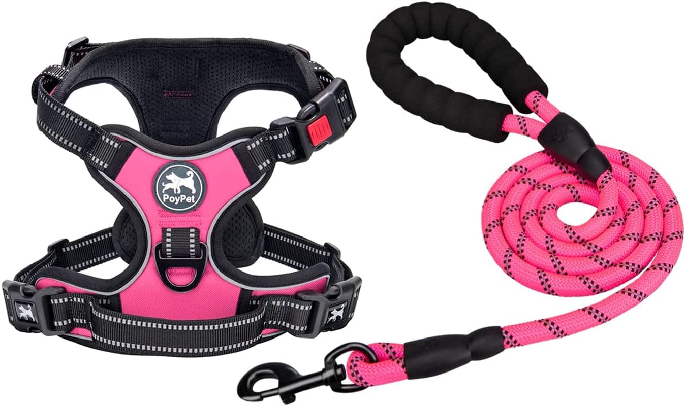 Poypet Dog Harness and Leash Combo, Escape Proof No Pull Vest Harness, with 5 Feet Leash, Reflective Adjustable Soft Padded Pet Harness with Handle for Small to Large Dogs(Pink,M) Animals & Pet Supplies > Pet Supplies > Dog Supplies > Dog Apparel PoyPet Pink L 