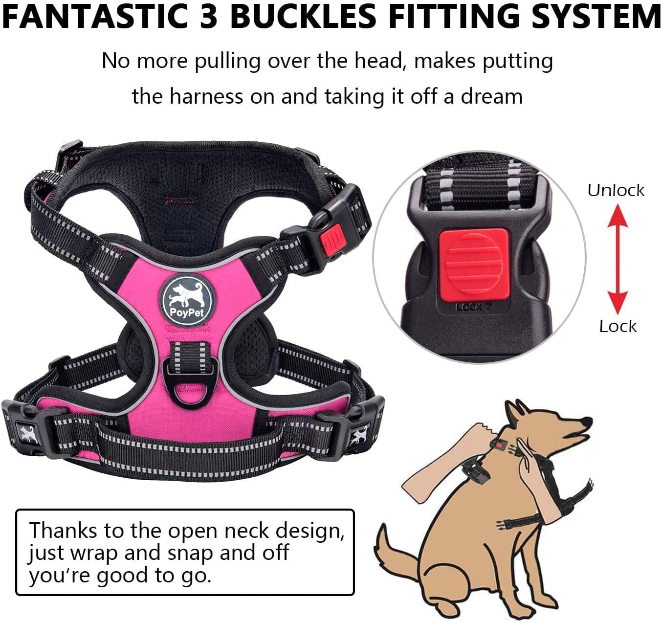 Poypet Dog Harness and Leash Combo, Escape Proof No Pull Vest Harness, with 5 Feet Leash, Reflective Adjustable Soft Padded Pet Harness with Handle for Small to Large Dogs(Pink,M) Animals & Pet Supplies > Pet Supplies > Dog Supplies > Dog Apparel PoyPet   