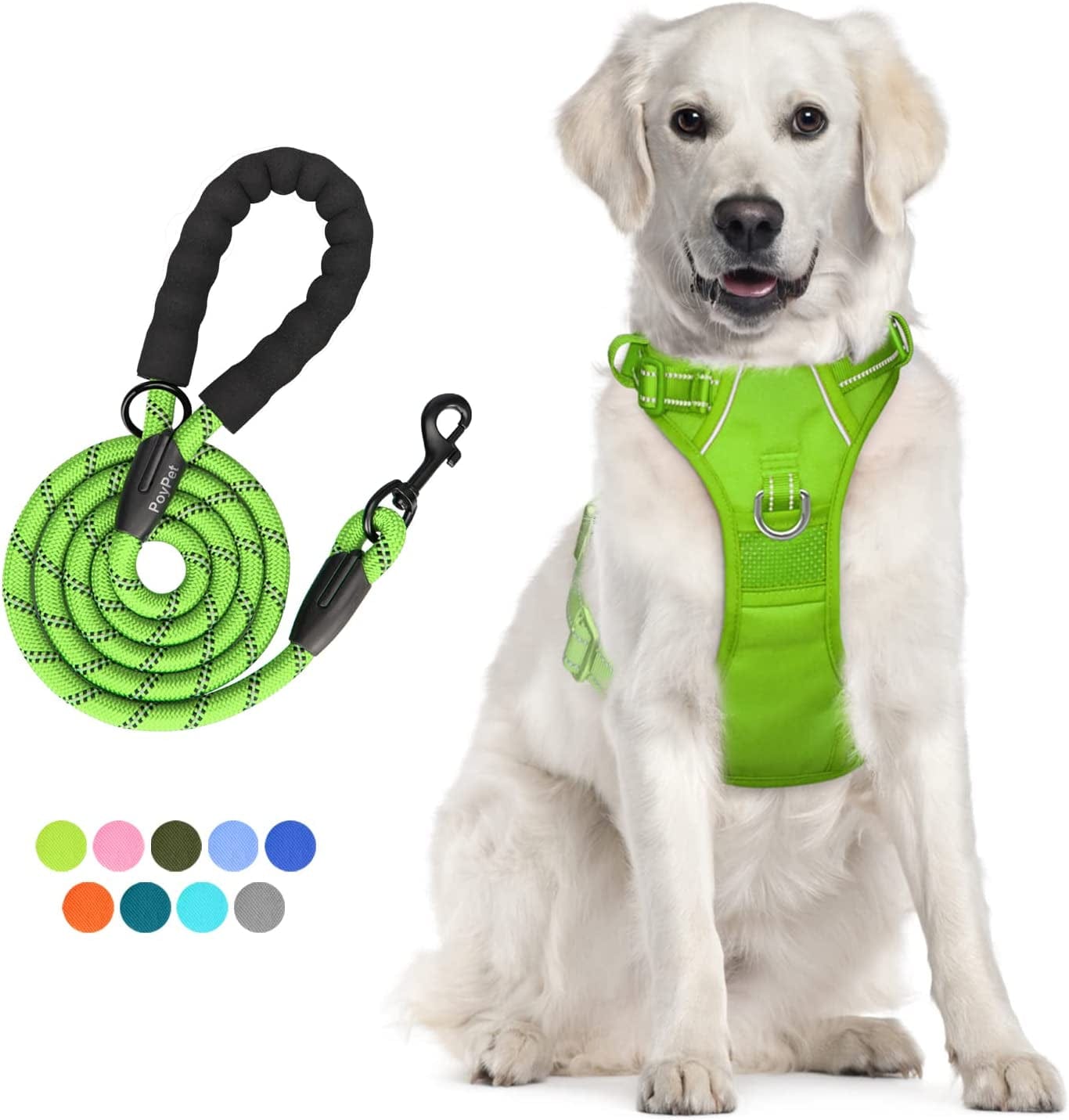 Poypet Dog Harness and Leash Combo, Escape Proof No Pull Vest Harness, with 5 Feet Leash, Reflective Adjustable Soft Padded Pet Harness with Handle for Small to Large Dogs(Pink,M) Animals & Pet Supplies > Pet Supplies > Dog Supplies > Dog Apparel PoyPet Green L 