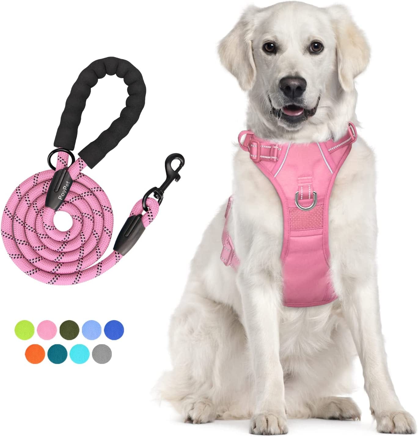 Poypet Dog Harness and Leash Combo, Escape Proof No Pull Vest Harness, with 5 Feet Leash, Reflective Adjustable Soft Padded Pet Harness with Handle for Small to Large Dogs(Pink,M) Animals & Pet Supplies > Pet Supplies > Dog Supplies > Dog Apparel PoyPet Light Pink L 