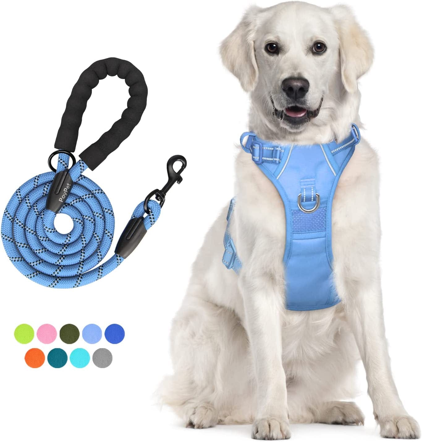 Poypet Dog Harness and Leash Combo, Escape Proof No Pull Vest Harness, with 5 Feet Leash, Reflective Adjustable Soft Padded Pet Harness with Handle for Small to Large Dogs(Pink,M) Animals & Pet Supplies > Pet Supplies > Dog Supplies > Dog Apparel PoyPet Light Blue L 