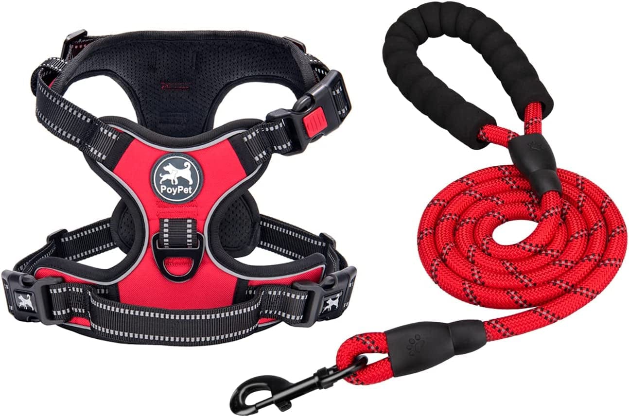 Poypet Dog Harness and Leash Combo, Escape Proof No Pull Vest Harness, with 5 Feet Leash, Reflective Adjustable Soft Padded Pet Harness with Handle for Small to Large Dogs(Pink,M) Animals & Pet Supplies > Pet Supplies > Dog Supplies > Dog Apparel PoyPet Red L 