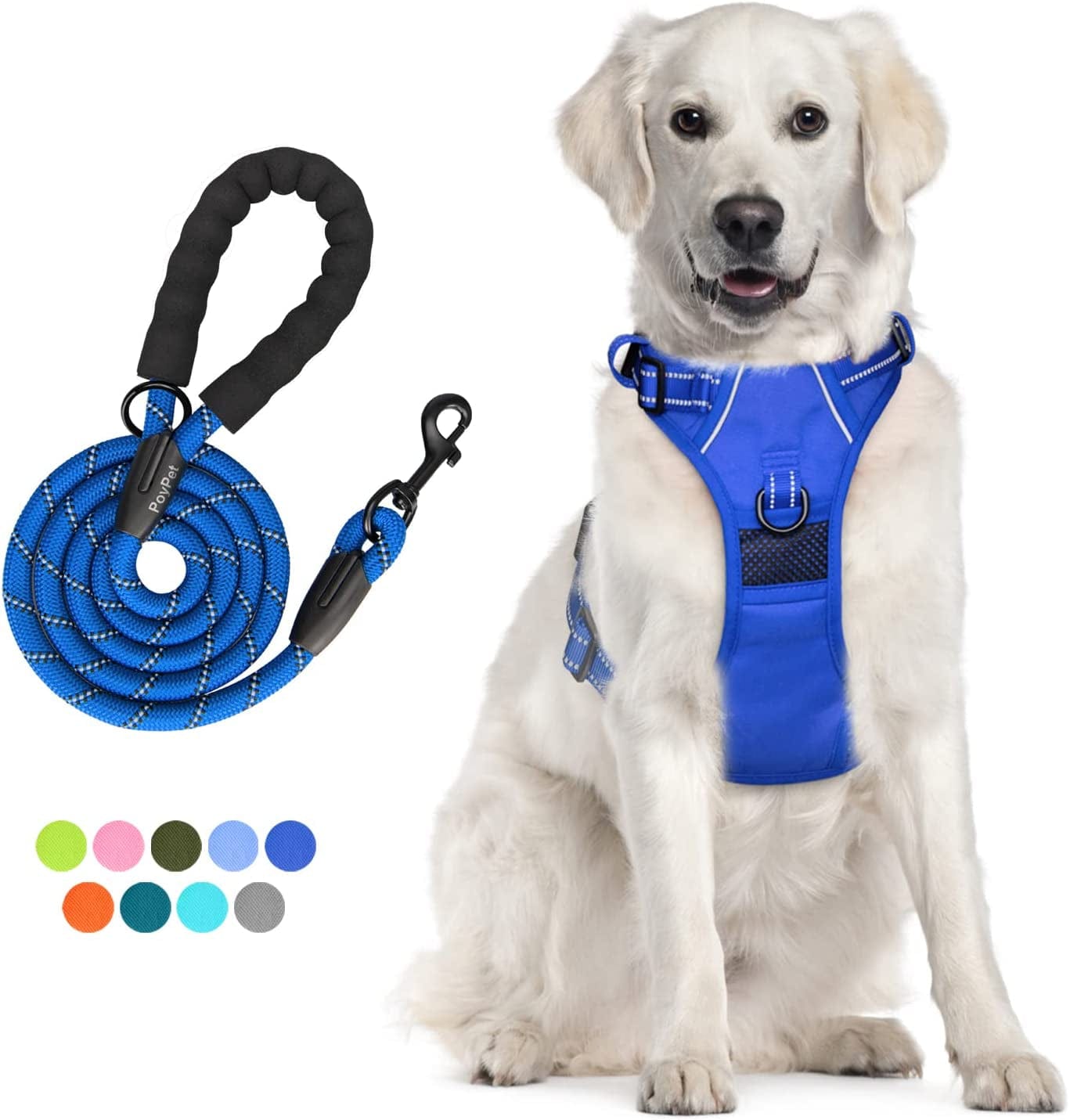 Poypet Dog Harness and Leash Combo, Escape Proof No Pull Vest Harness, with 5 Feet Leash, Reflective Adjustable Soft Padded Pet Harness with Handle for Small to Large Dogs(Pink,M) Animals & Pet Supplies > Pet Supplies > Dog Supplies > Dog Apparel PoyPet Royal Blue L 