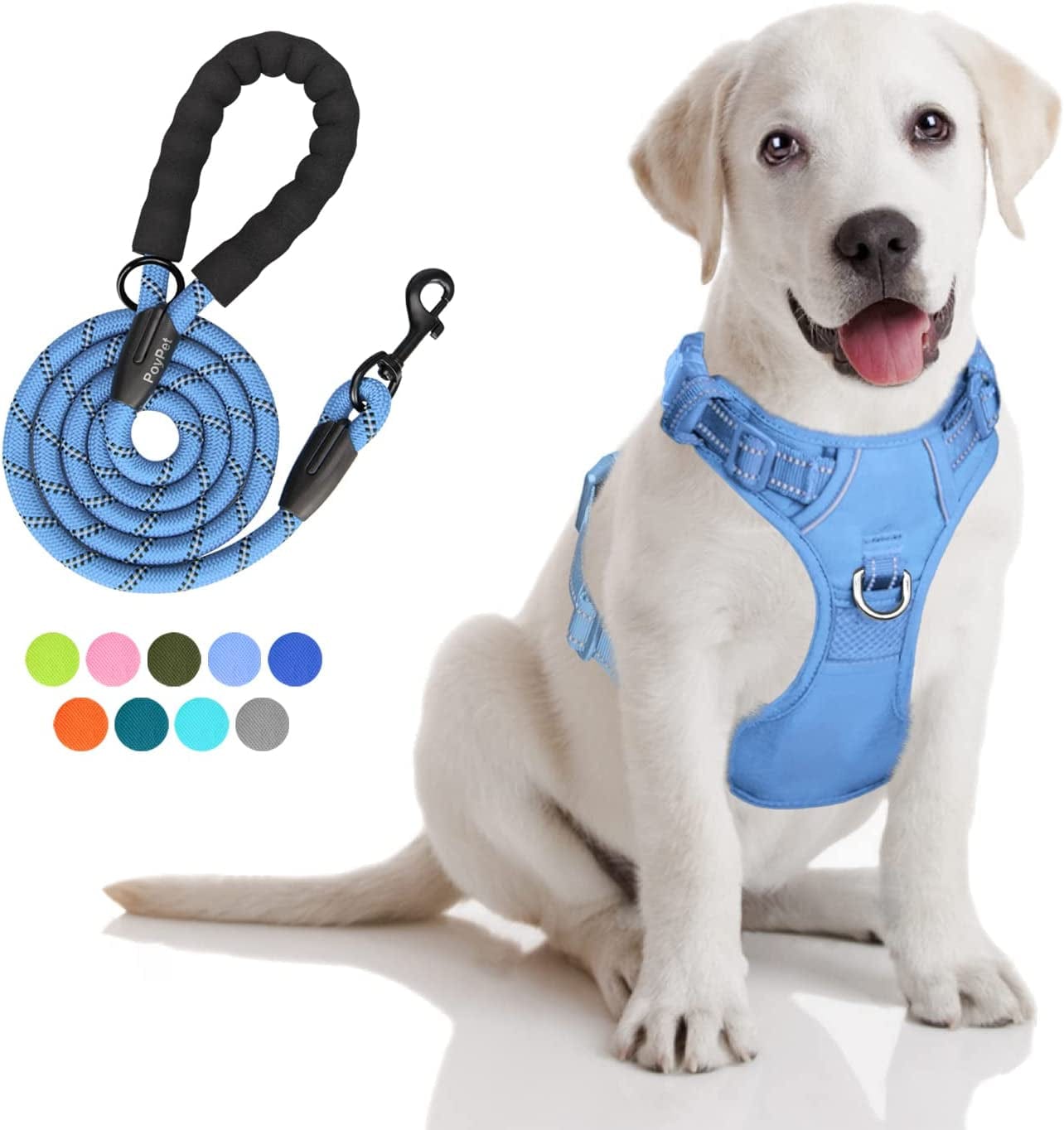 Poypet Dog Harness and Leash Combo, Escape Proof No Pull Vest Harness, with 5 Feet Leash, Reflective Adjustable Soft Padded Pet Harness with Handle for Small to Large Dogs(Pink,M) Animals & Pet Supplies > Pet Supplies > Dog Supplies > Dog Apparel PoyPet Light Blue S 