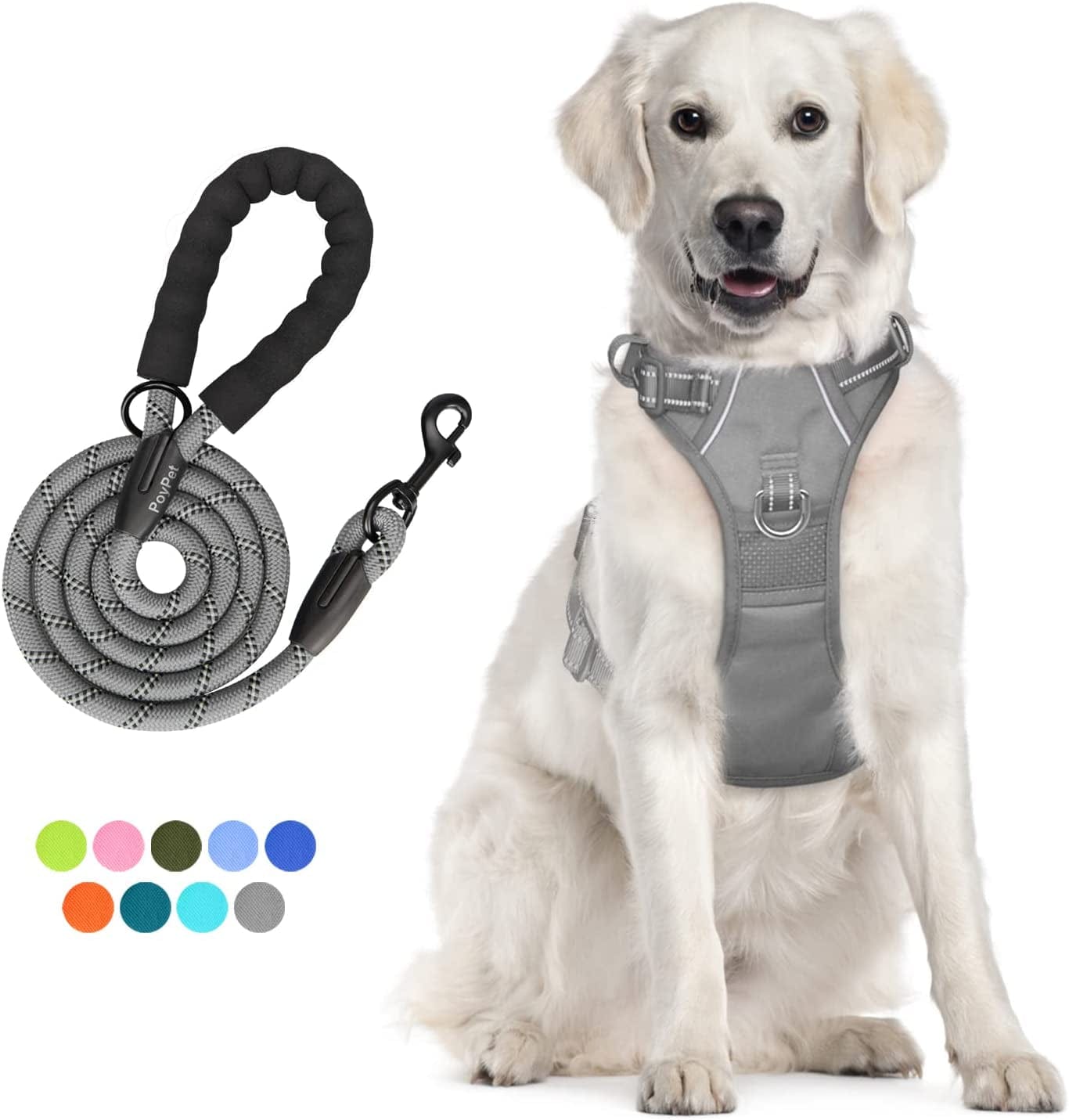 Poypet Dog Harness and Leash Combo, Escape Proof No Pull Vest Harness, with 5 Feet Leash, Reflective Adjustable Soft Padded Pet Harness with Handle for Small to Large Dogs(Pink,M) Animals & Pet Supplies > Pet Supplies > Dog Supplies > Dog Apparel PoyPet Grey L 